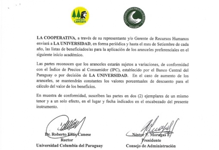 Convenio entre la UCP y la Coopertiva Lambaré Ltda. 